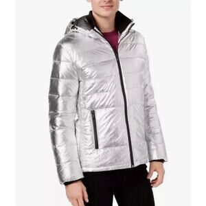 Calvin Klein Mens  Metallic Silver Puffer Jacket Hood Small Polyester